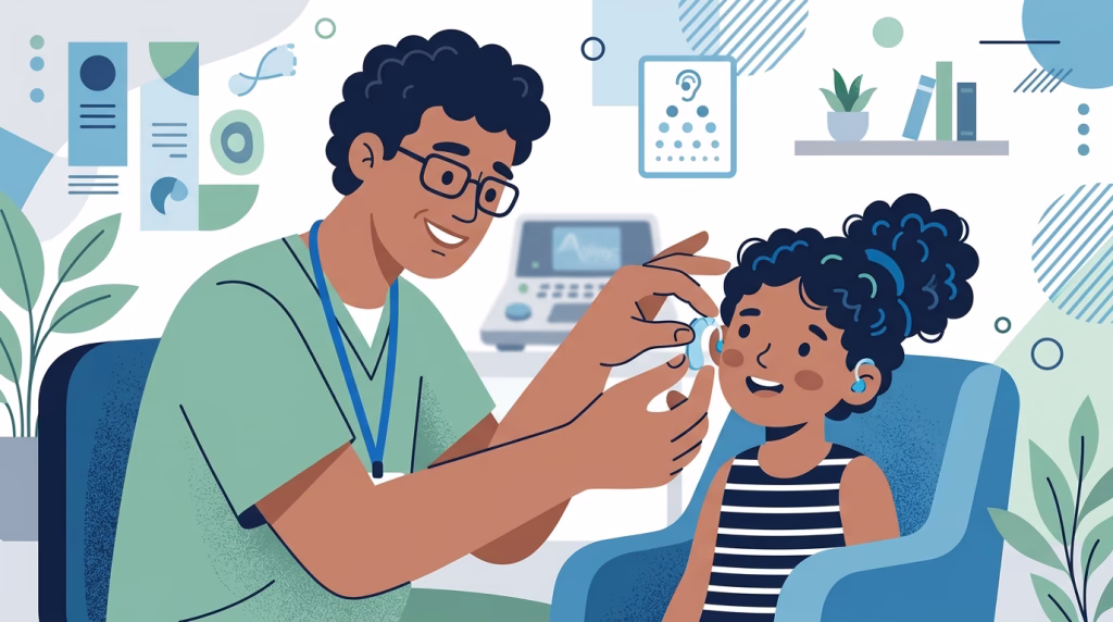 Illustration of an audiologist fitting a small hearing device on a child — focused pediatric care and precise fitting