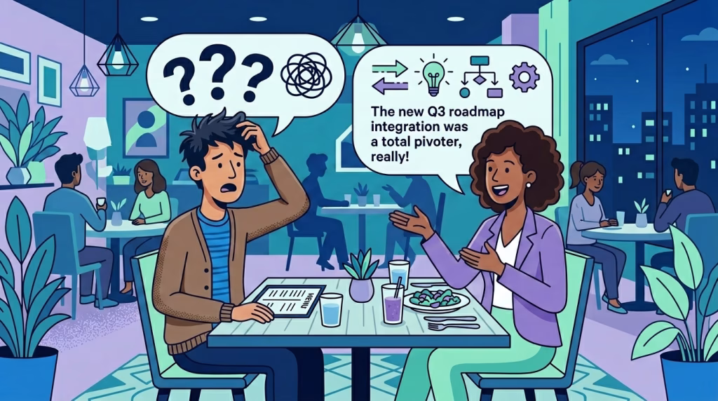 illustration of people having a conversation at a restaurant but the other person can't hear well.