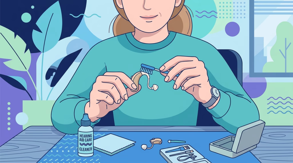 illustration of a person cleaning hearing aids