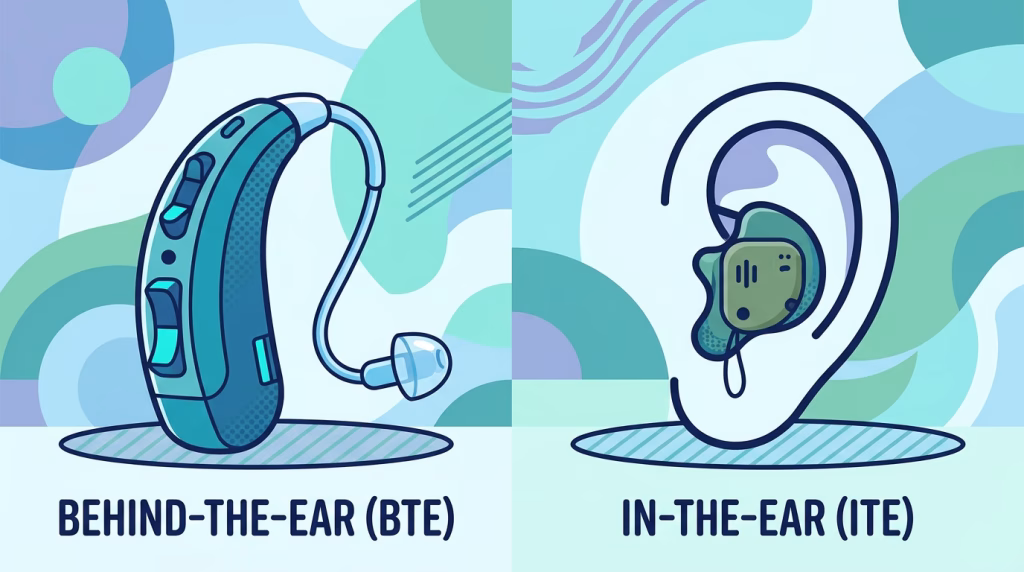 illustration of two different types of hearing aids: BTE and ITE
