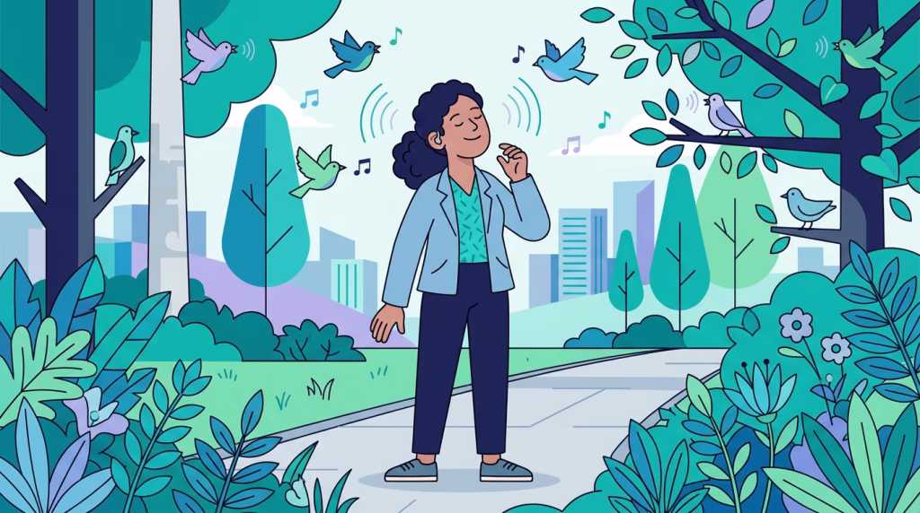 Illustration of a woman taking a walk while listening to sweet birds