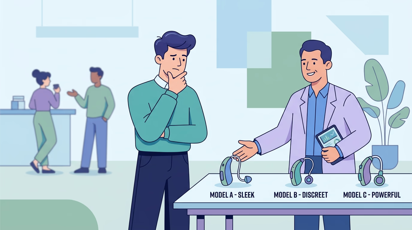 illustration of an audiologist showing a patient different types of hearing aids