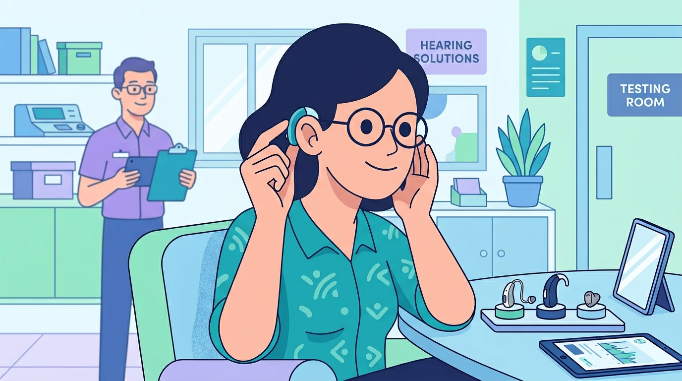 illustration of a woman trying out hearing aids