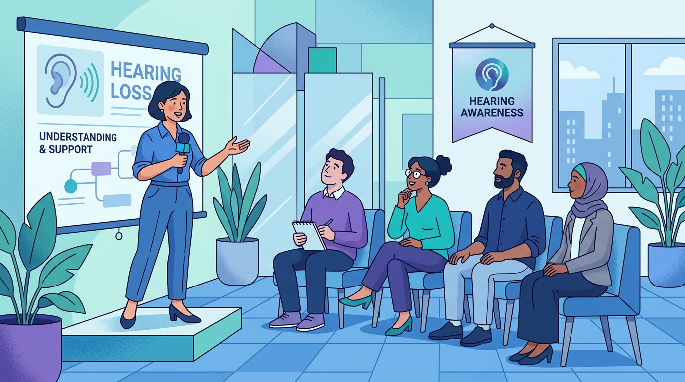 illustration of a woman giving a talk about hearing loss