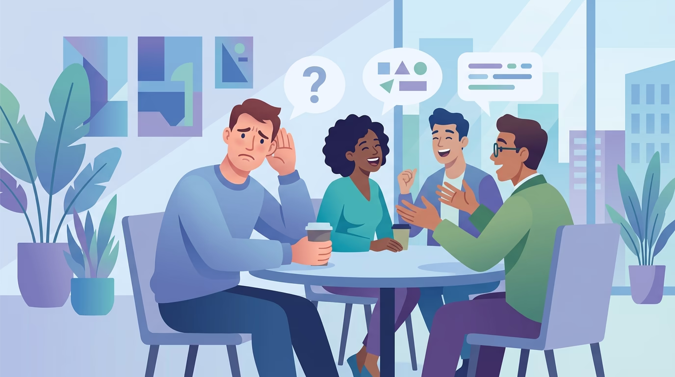 illustration of a man having a hard time hearing his friends