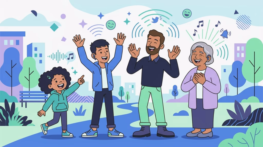 illustration of a child, teel, adult, and elder excited that they can hear clearly