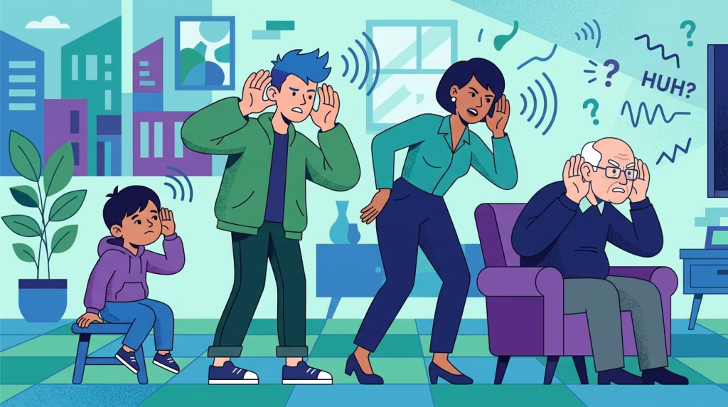 illustration of a child, teen, adult, and elder having a hard time hearing