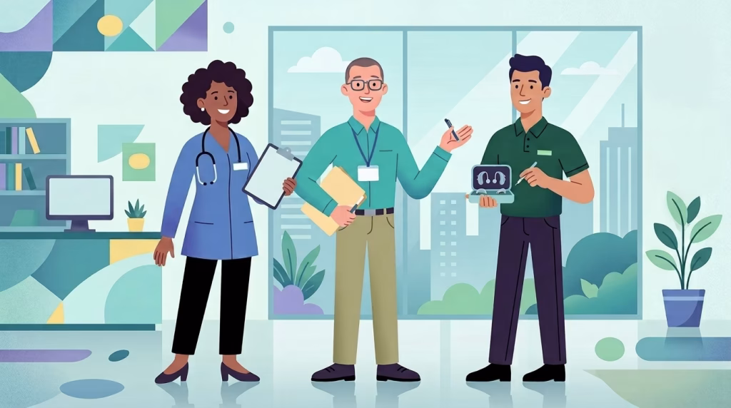 illustration of a team photo of an audiology clinic