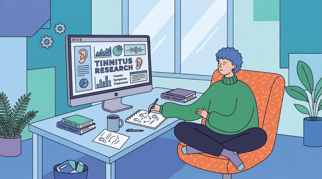 illustration of a person doing research on a computer