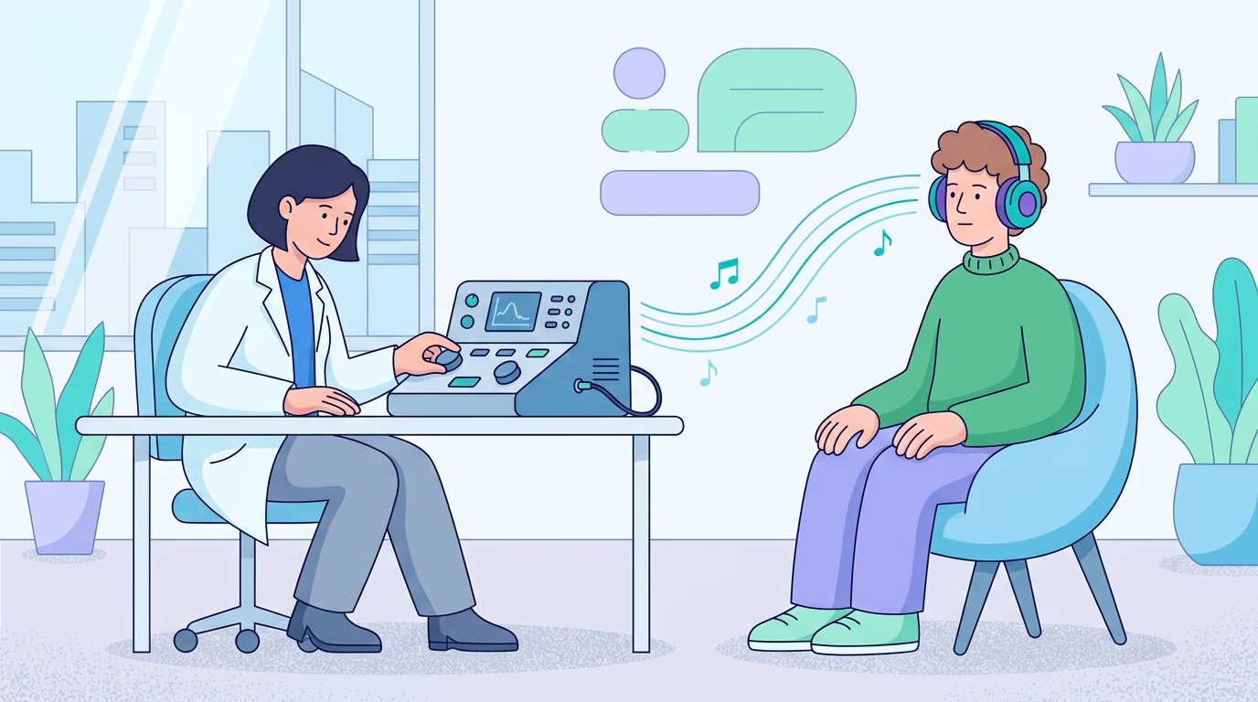 illustration of a patient with an audiologist taking a hearing test