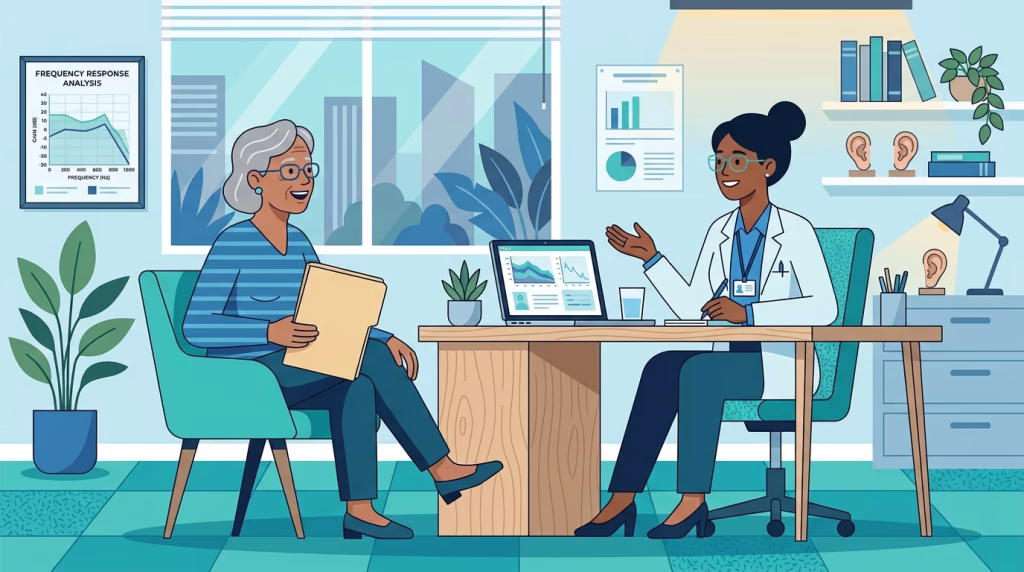 illustration of a woman speaking with an audiologist