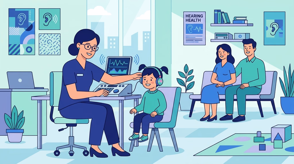 Audiologist conducting pediatric hearing test on young child with parents, illustrating auditory steady-state response (ASSR)