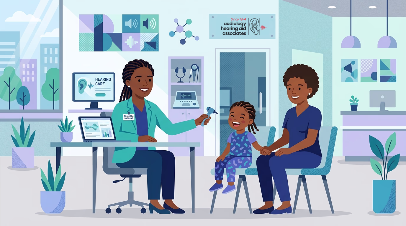 Audiologist examining young girl during pediatric hearing test, mother present, Audiology Hearing Aid Associates illustration.