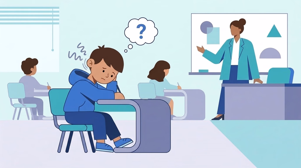 Child struggling to hear in classroom, illustrating listening fatigue and cognitive overload.