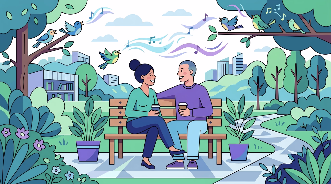 Couple enjoying conversation and connection in a park, illustrating the link between hearing health and