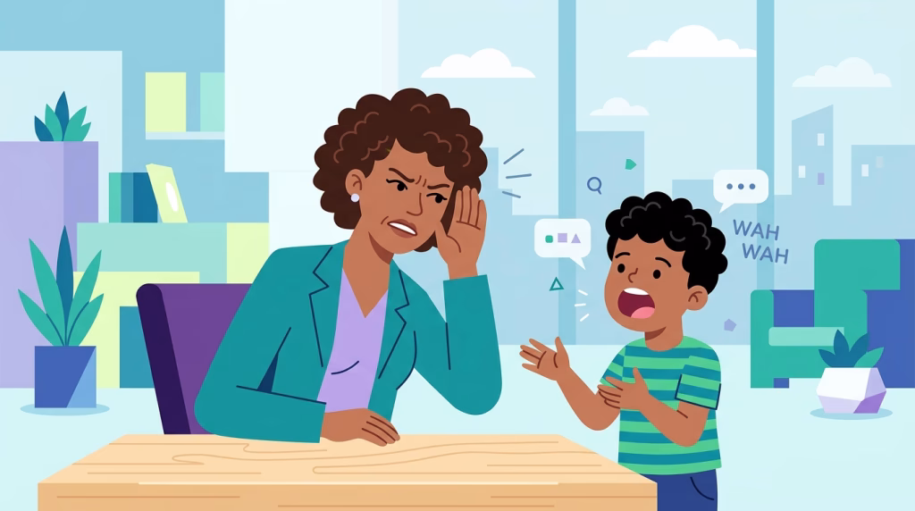 Frustrated woman struggling to hear child, illustrating cognitive effort and mental fatigue due to hearing